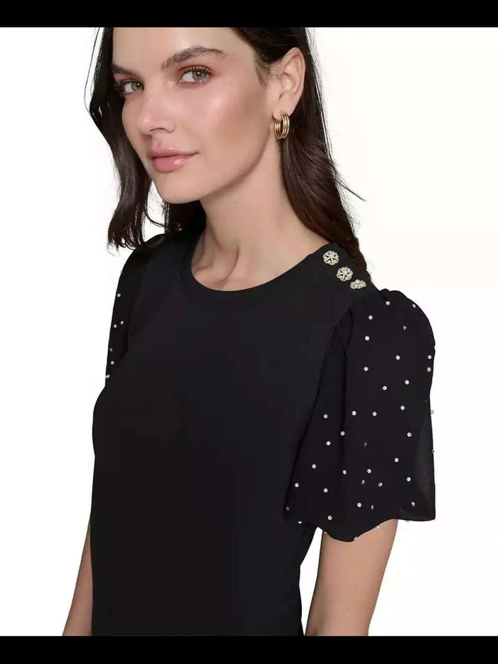 Karl Lagerfeld Black Puff Sleeve Tee with Pearl Studs Embellised- Size XS